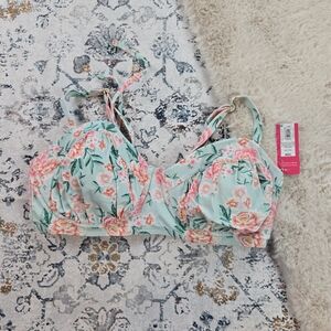 Xhilaration Blue Pink Floral Padded Wired String Bikini Top Plus Size 16W